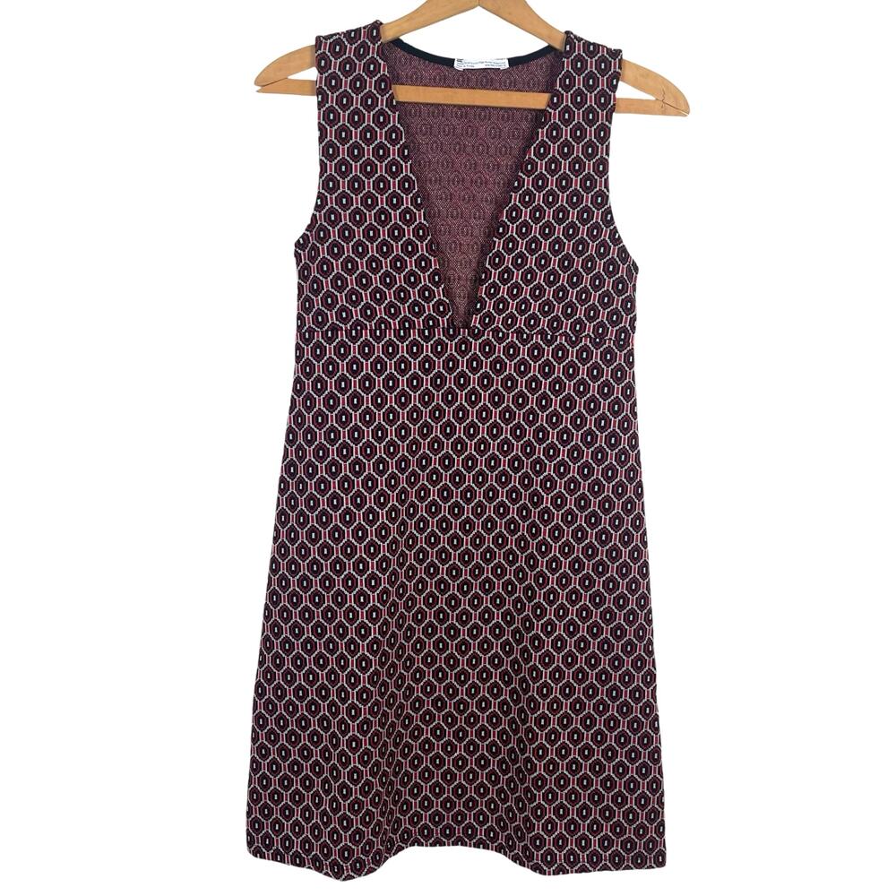 Zara Women Retro Shift Dress Size Small Jacquard V-Neck Geometric Boho Hippie